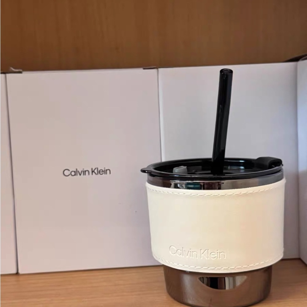 Calvin Klein White and Silver Travel Mug